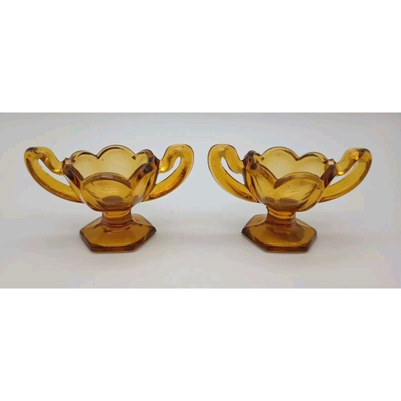 2 PC CENTRAL GLASS ROUND PEDESTAL OPEN SALT W/ HANDLES AMBER #P17 - Picture 1 of 3